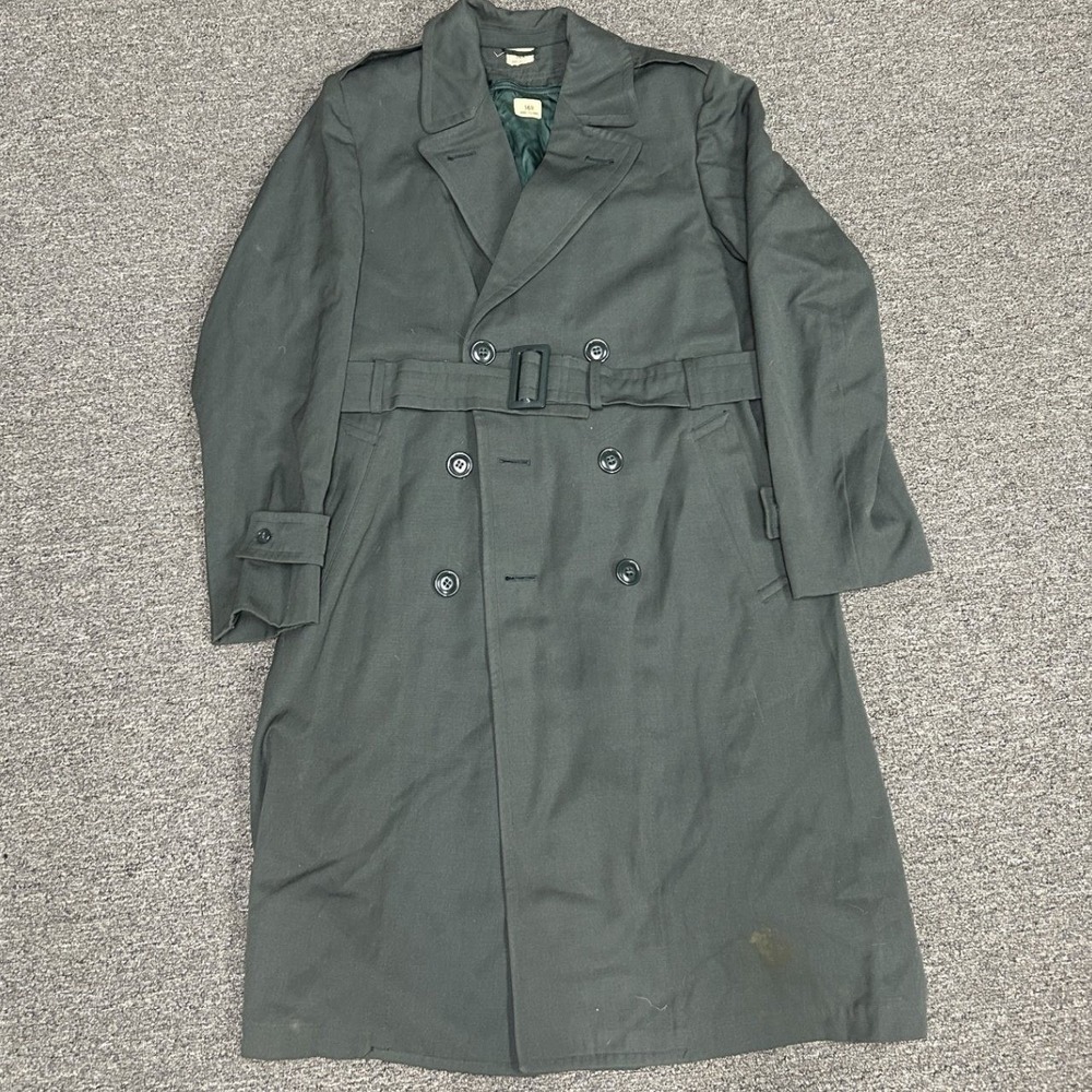 US Army Overcoat Mens 36R Green Wool Gabardine AG-44 Vintage 1973 Belted Trench